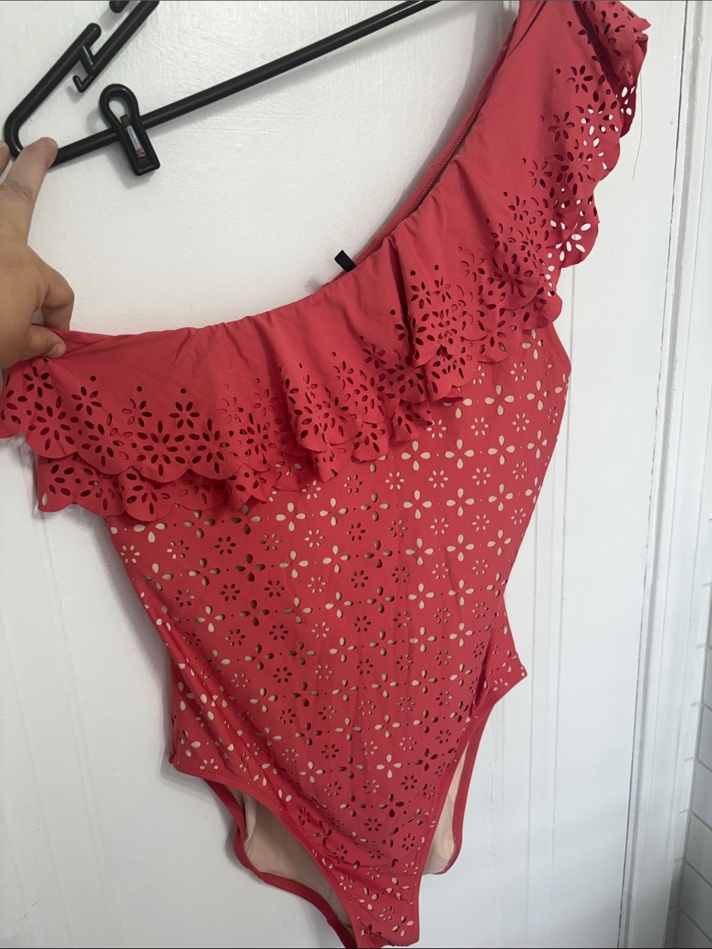 J. Crew Coral Laser-Cut Ruffle One-Piece Swimsuit
